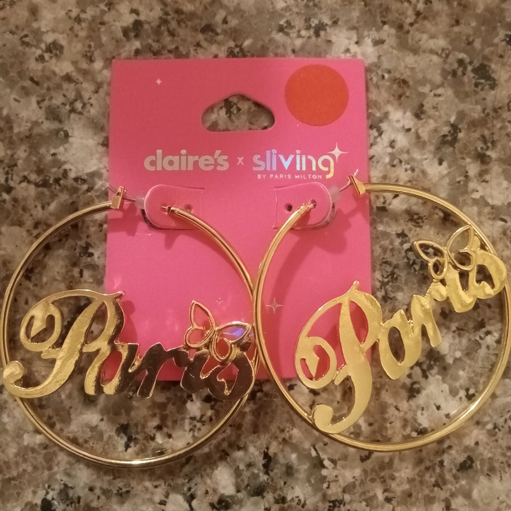 Claire's Gold Paris Script Hoop Earrings